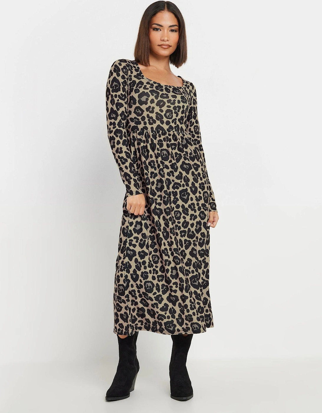 Petite Long Sleeve Animal Midi Dress - Brown, 2 of 1