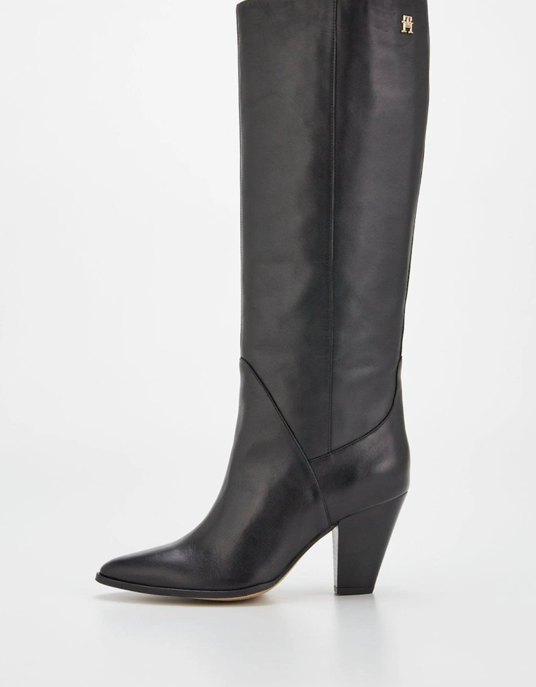 Leather Knee High Cowboy Boots - Black