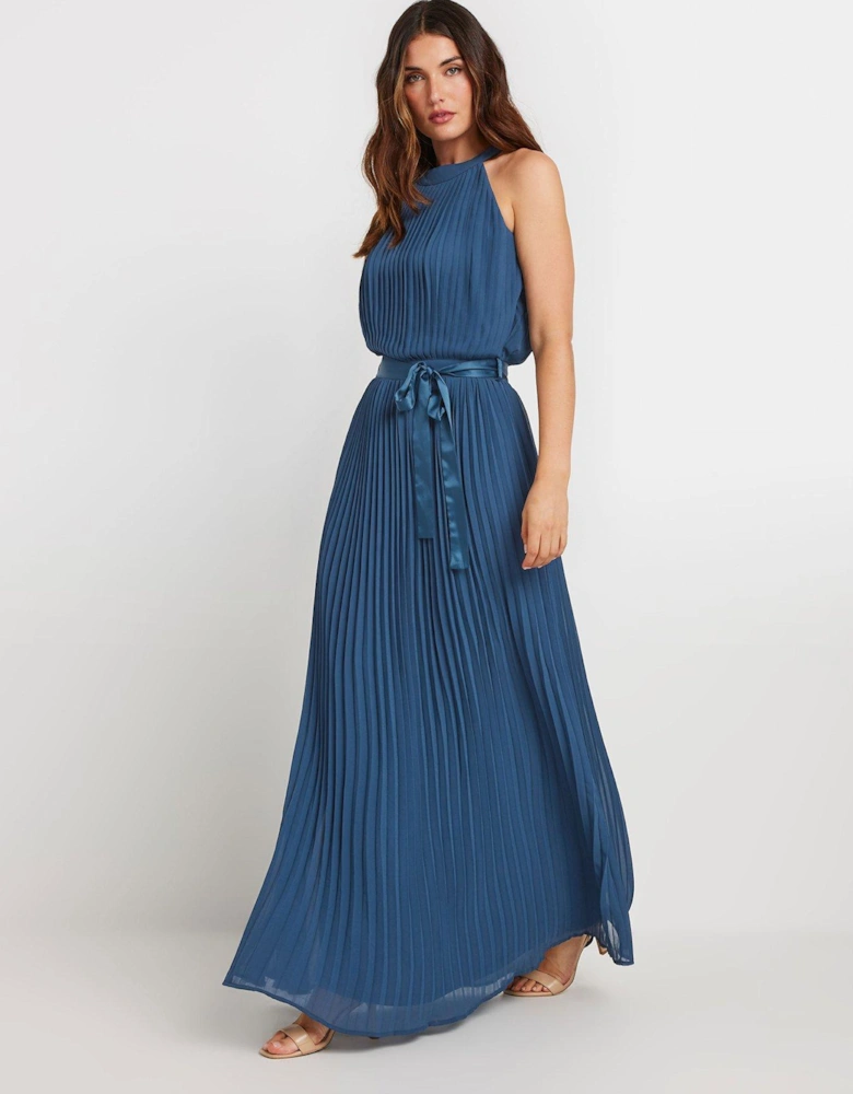 Halter Neck Pleated Maxi Dress - Blue