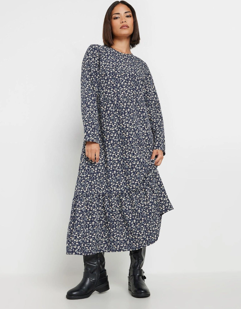 Petite Ditsy Long Sleeve Tiered Midi Dress - Blue