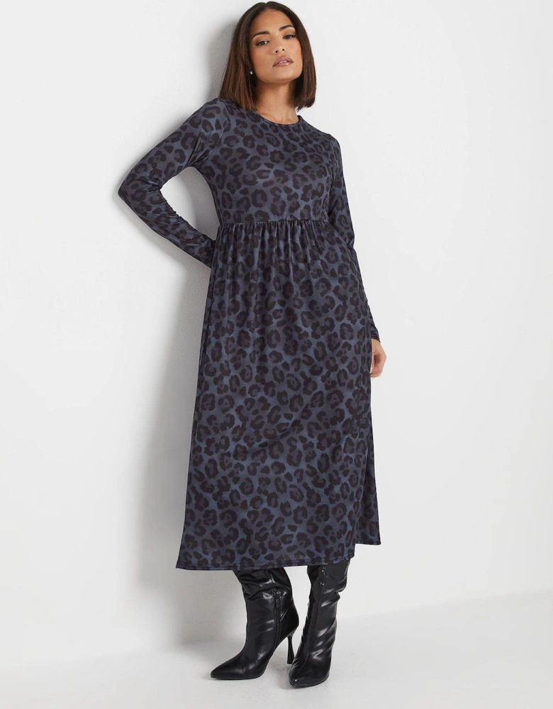 Petite Animal Print Long Sleeve Midi Smock Dress