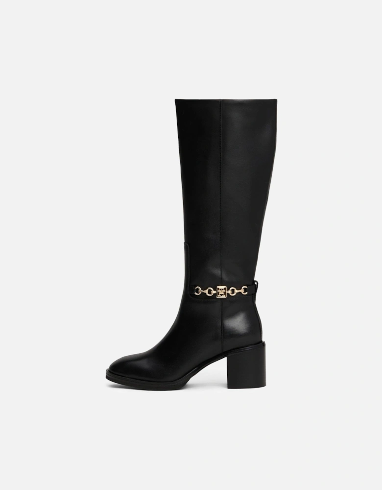 Chain Detail Leather Calf Boots - Black