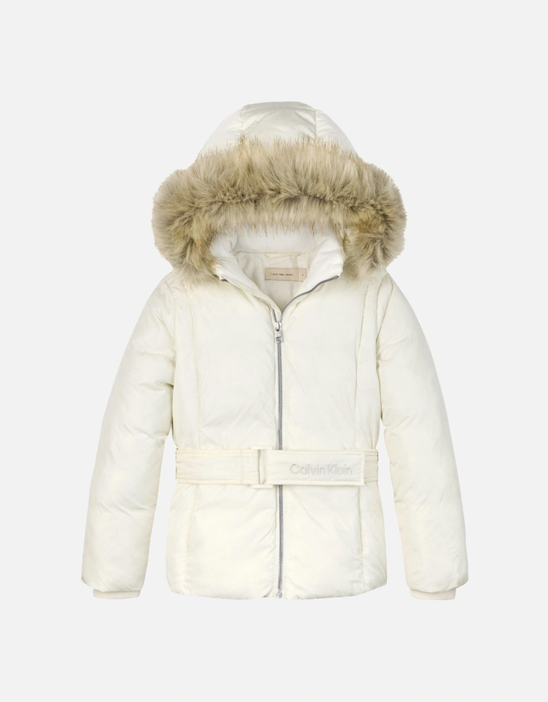 Girls Classic Belted Faux Fur Jacket - Cream