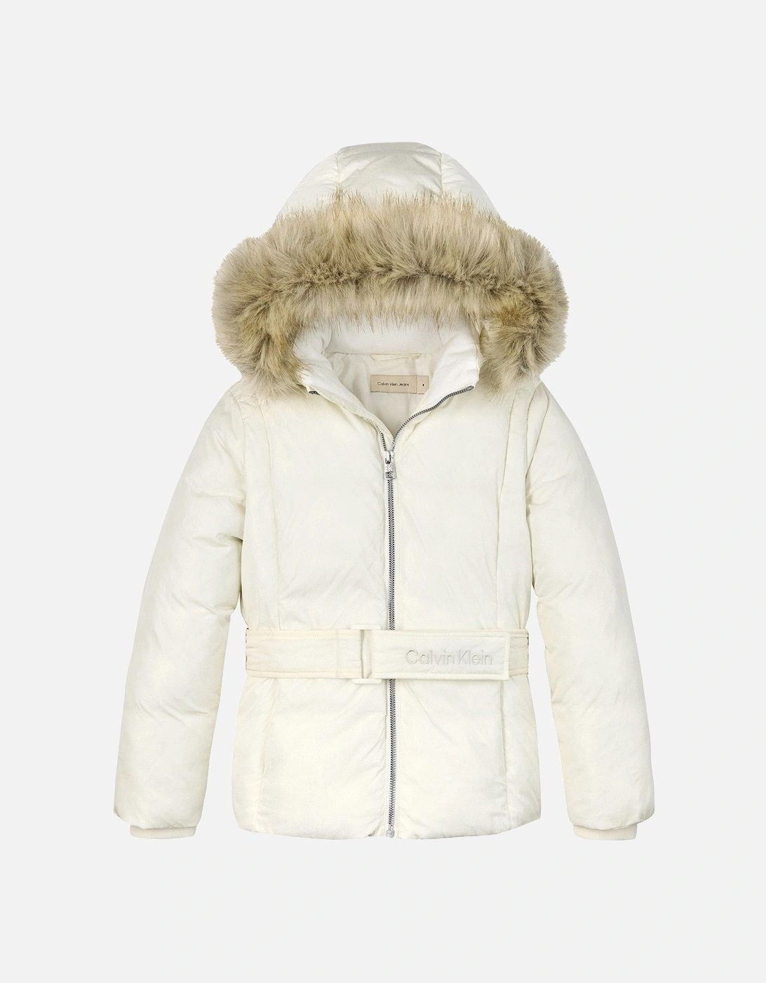 Girls Classic Belted Faux Fur Jacket - Cream, 3 of 2