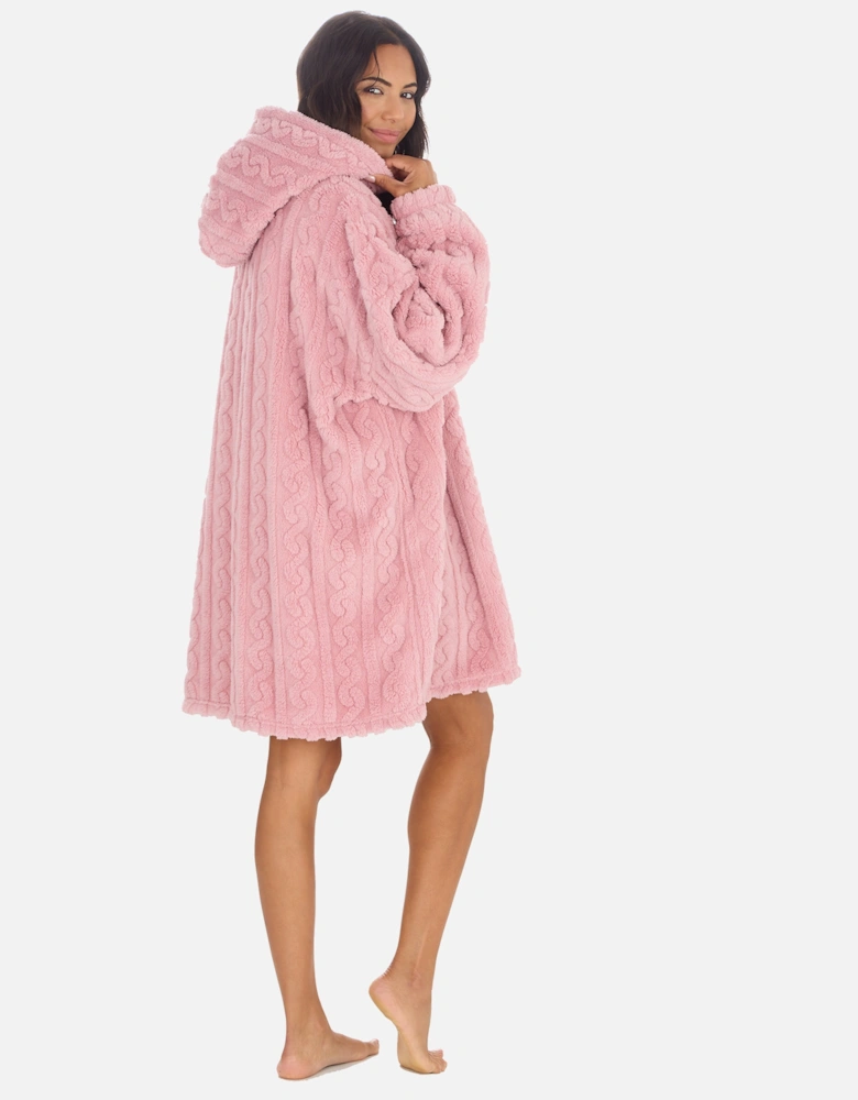 Womens Blanket Hoodie Cable Oversize Pull On Blush Pink