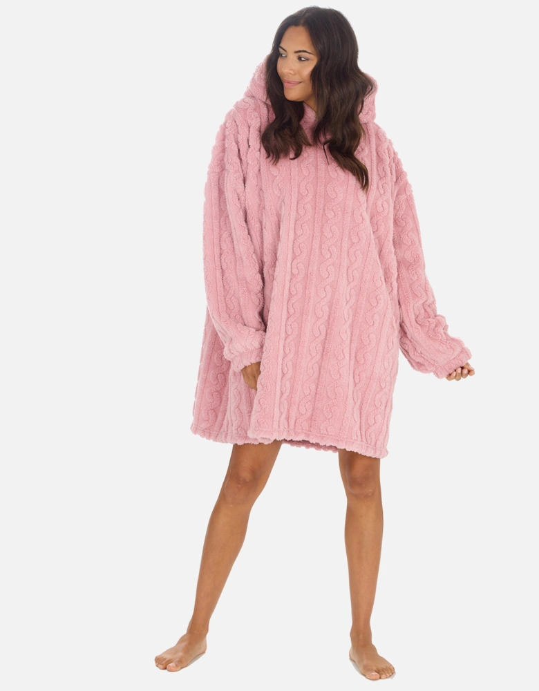 Womens Blanket Hoodie Cable Oversize Pull On Blush Pink
