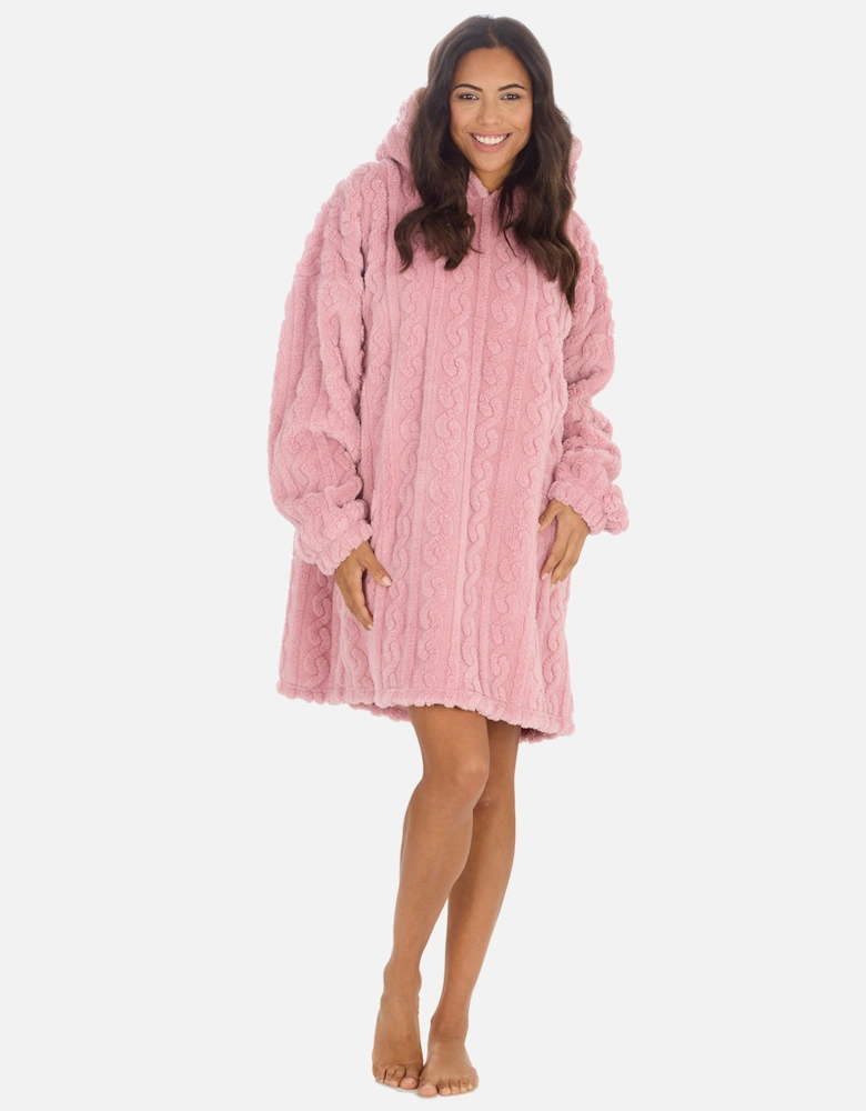 Womens Blanket Hoodie Cable Oversize Pull On Blush Pink