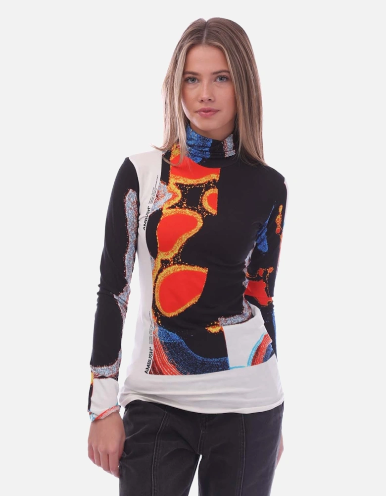 Printed Fitted Long Sleeve Turtleneck Top