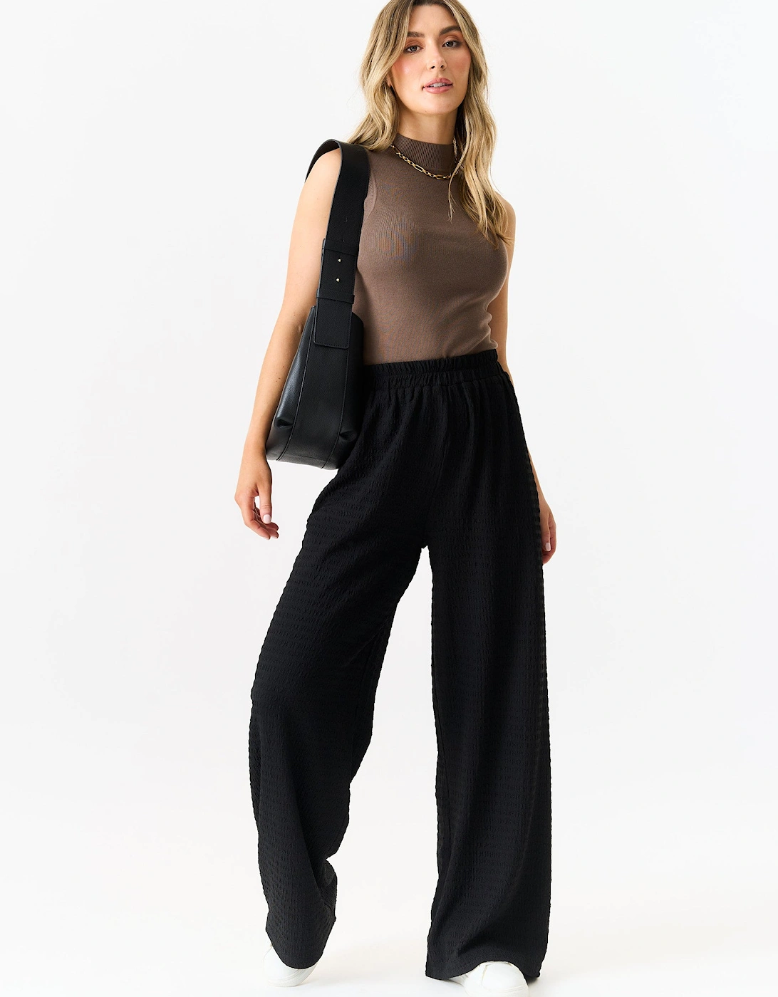 Gini London Gini London Women's Black Textured Elastic Waist Pull On Trousers
