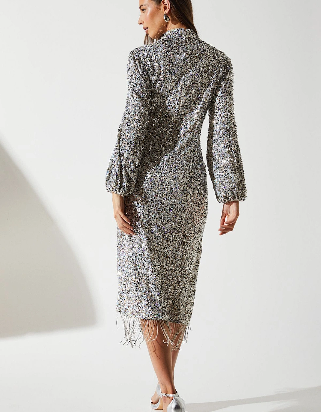 Party Sequin Silver Long Sleeve Midi Dress With Diamante Fringe