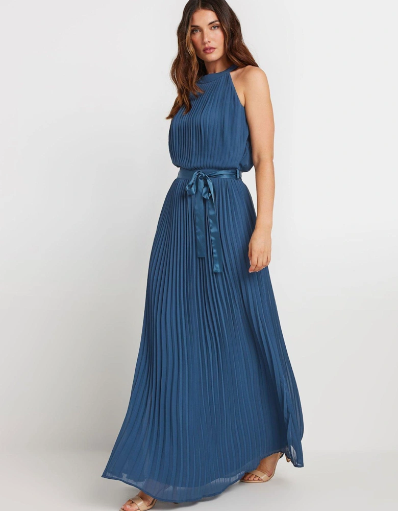 Halterneck Pleated Maxi Dress - Blue