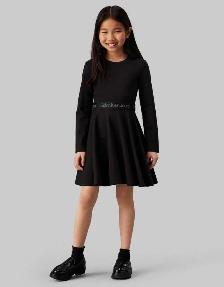 Girls Long Sleeve Logo Tape Punto Dress - Black