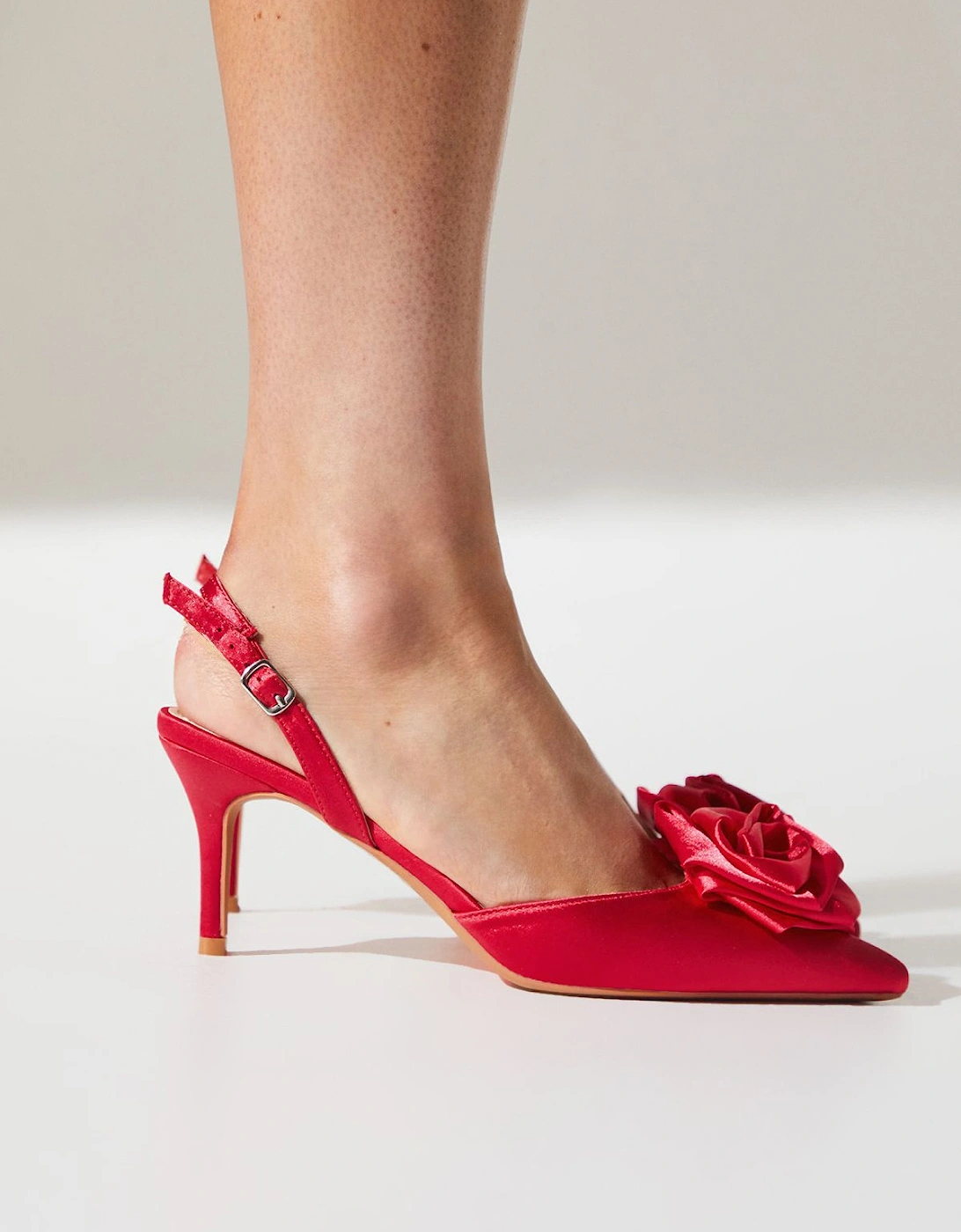 Serenity Satin Corsage Slingback Kitten Pointed Court Shoes