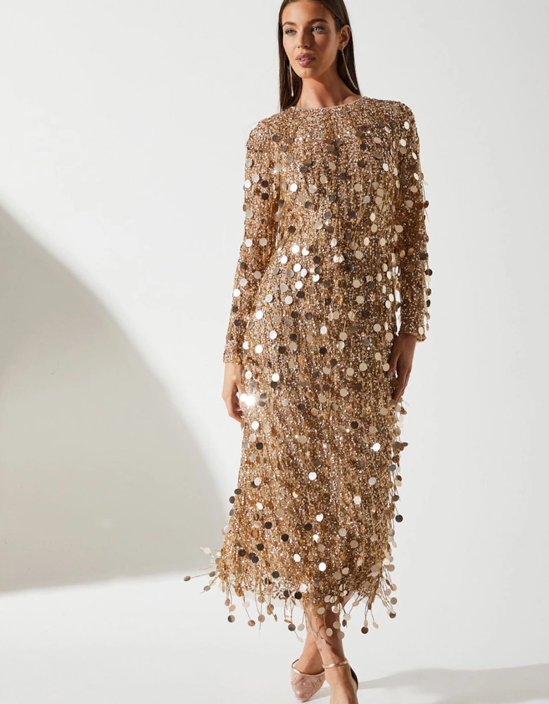 Party Gold Sequin Long Sleeve Midi Dress