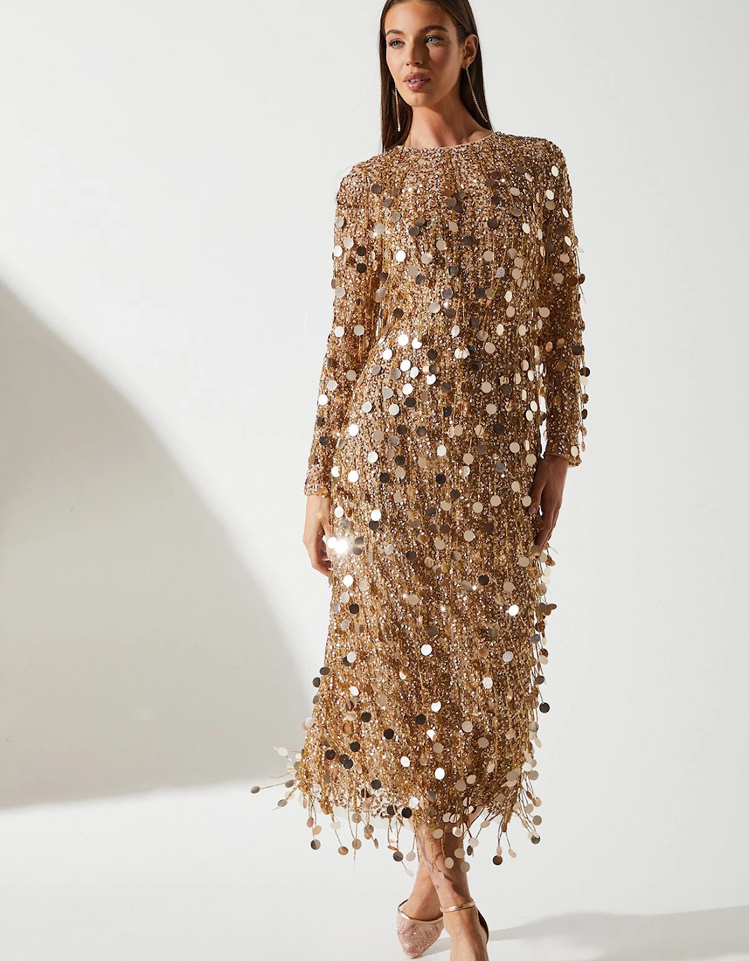 Party Gold Sequin Long Sleeve Midi Dress, 6 of 5