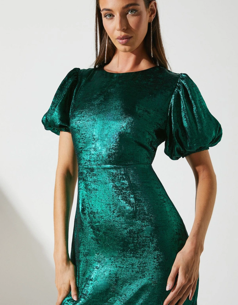 Petite Puff Sleeve Flute Hem Metallic Midi Dress