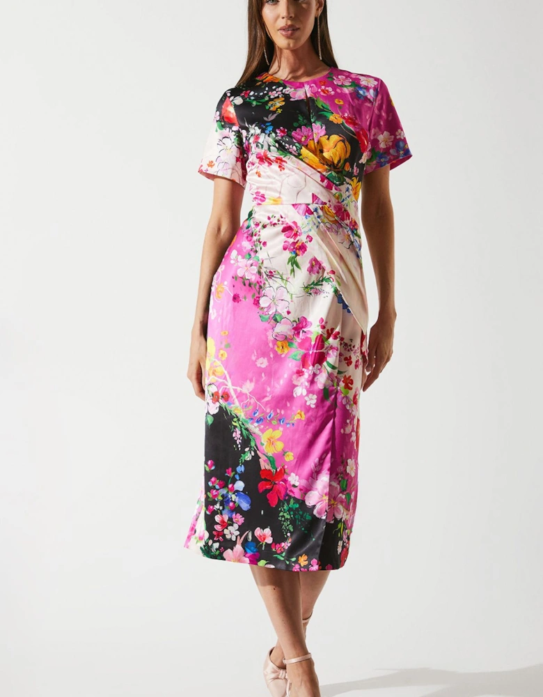 Colour Block Floral Body Con Midi Dress