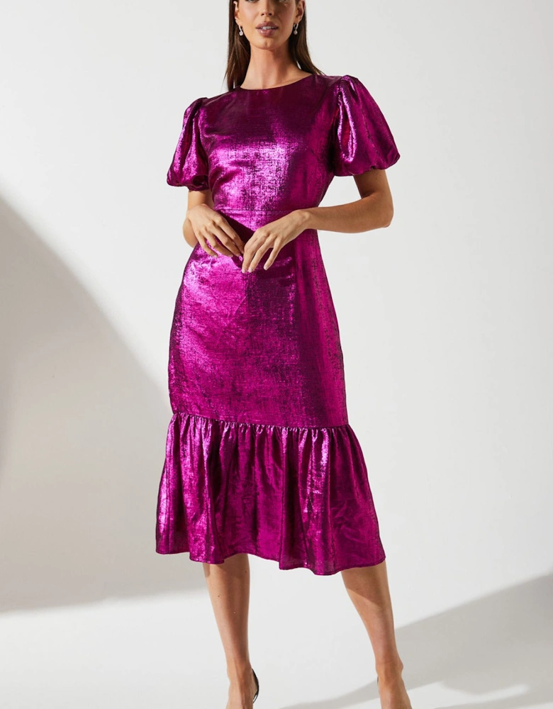 Party Metallic Midi Dress With Puff Sleeve