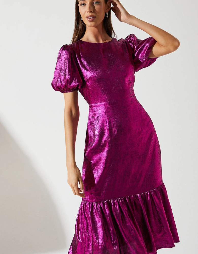 Party Metallic Midi Dress With Puff Sleeve