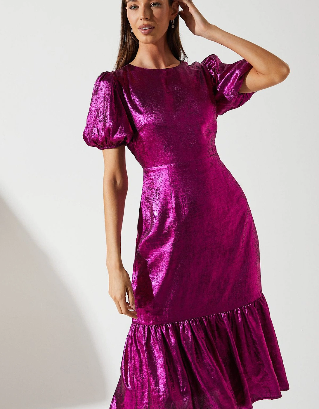 Party Metallic Midi Dress With Puff Sleeve