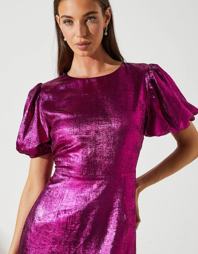 Party Metallic Midi Dress With Puff Sleeve