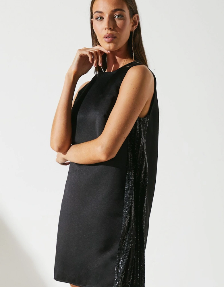 Party Satin Swing Dress With Sequin Trim