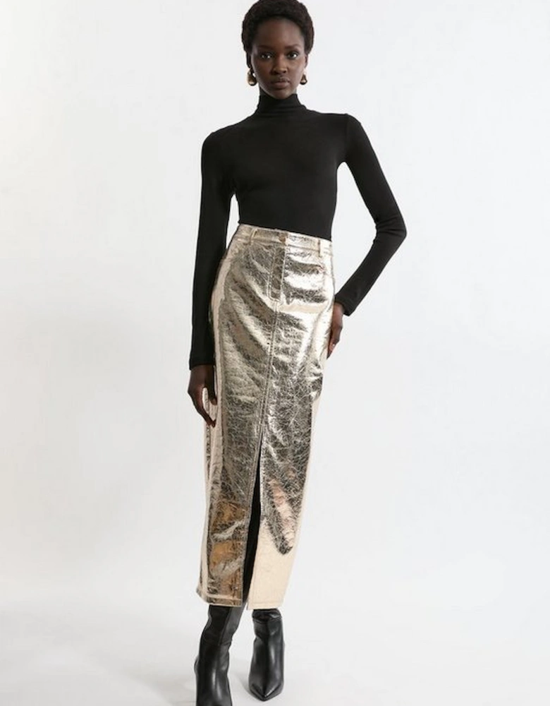 Metallic Faux Leather Midi Skirt