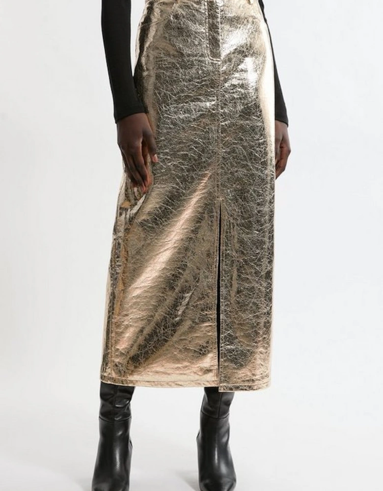 Metallic Faux Leather Midi Skirt