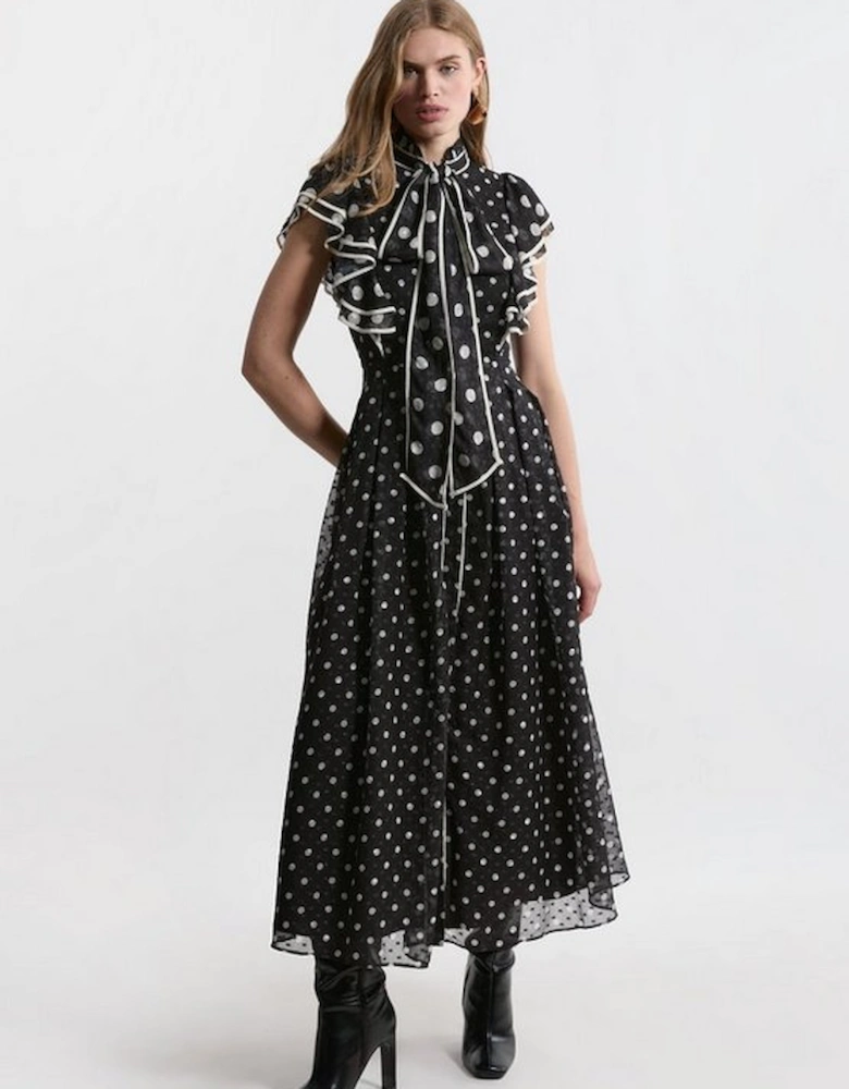 Petite Printed Dobby Ruffle Midi Dress