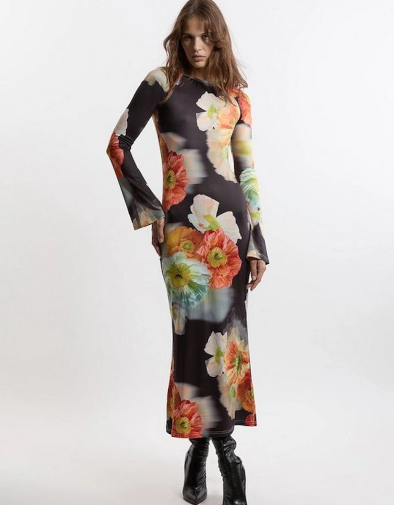 Jersey Border Print Keyhole Long Sleeve Maxi Dress