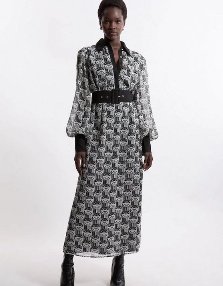 Petite Mono Print Belted Woven Maxi Dress