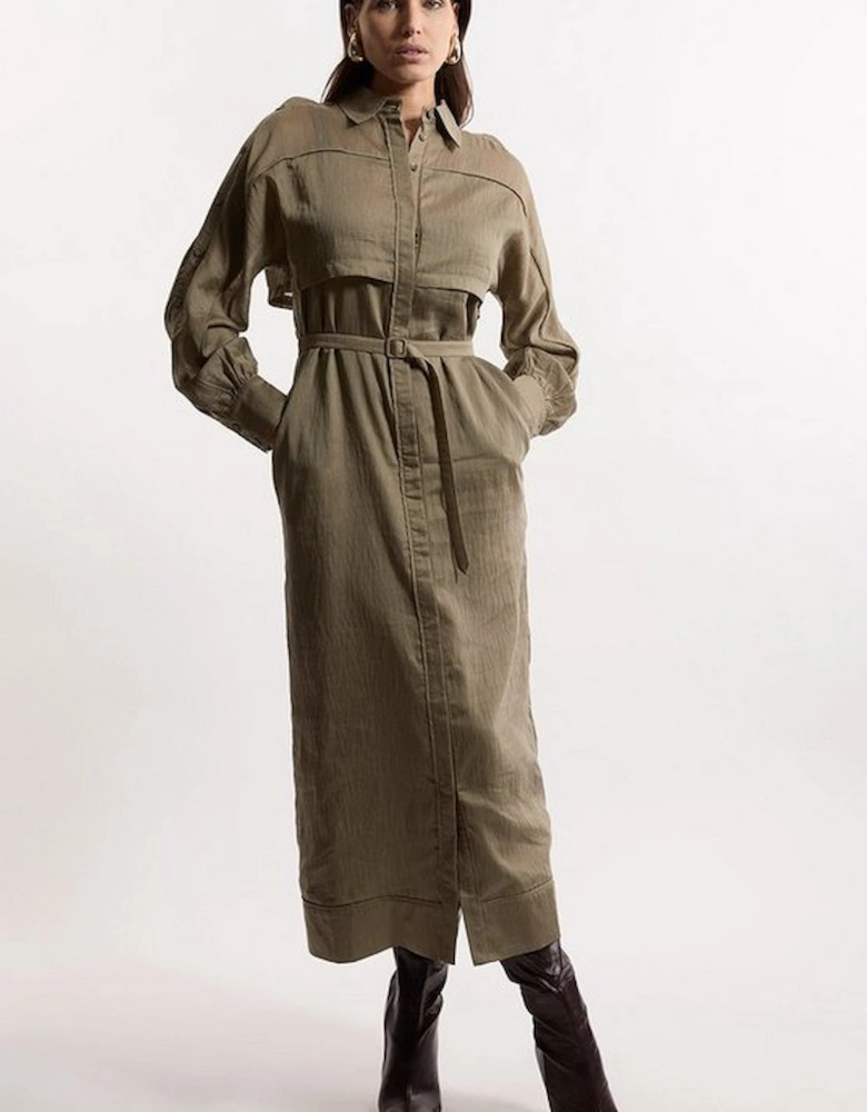 Slub Organdie Woven Utility Midi Dress With Button Sleeve Detail