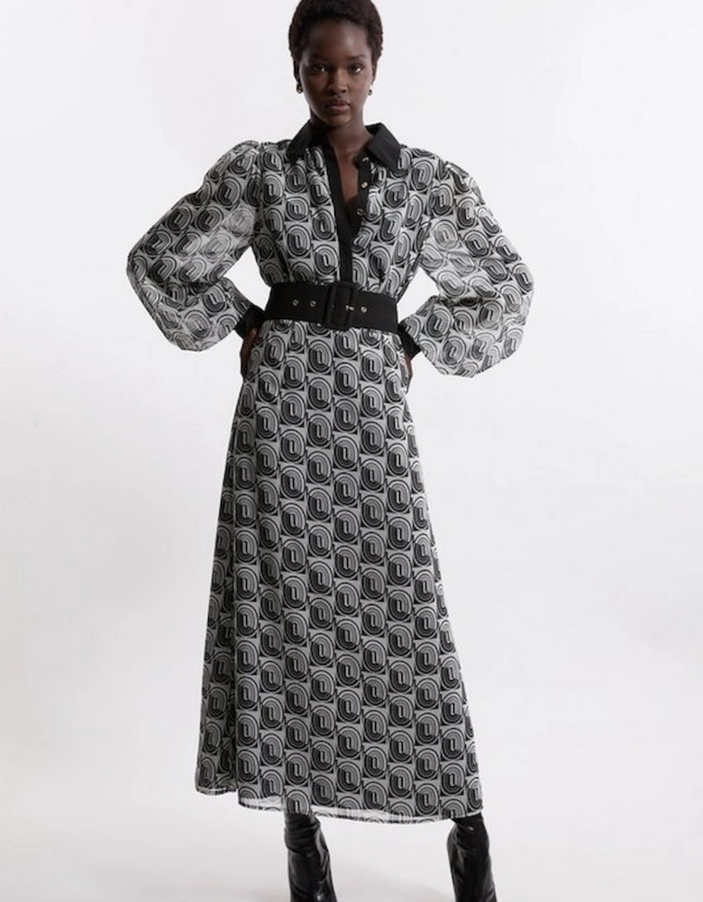 Mono Print Belted Woven Maxi Dress