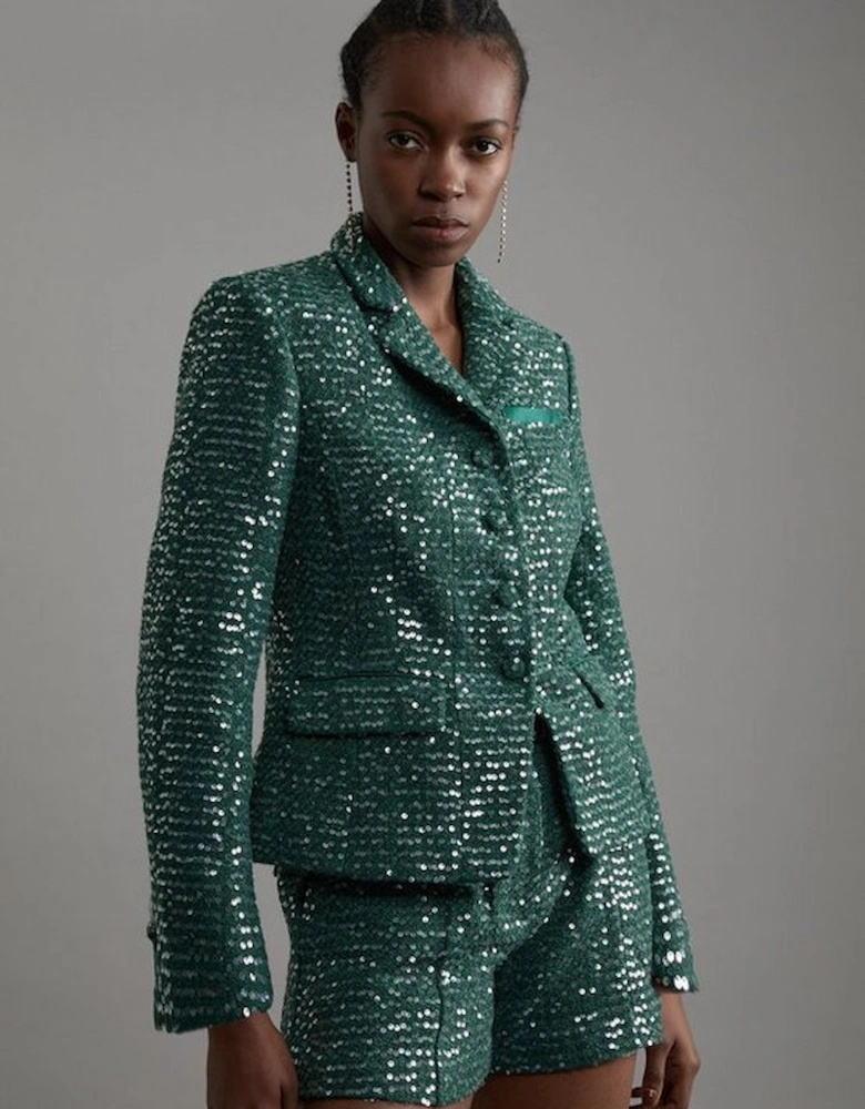 Tailored Sequin Tweed Single Breasted Blazer