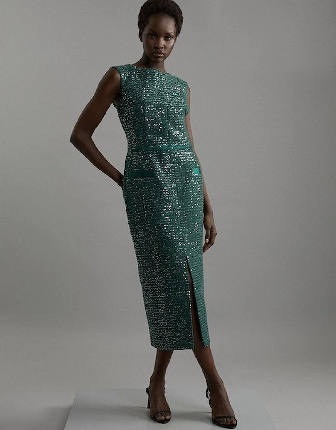 Tailored Sequin Tweed Drop Waist Midi Dress, 5 of 4