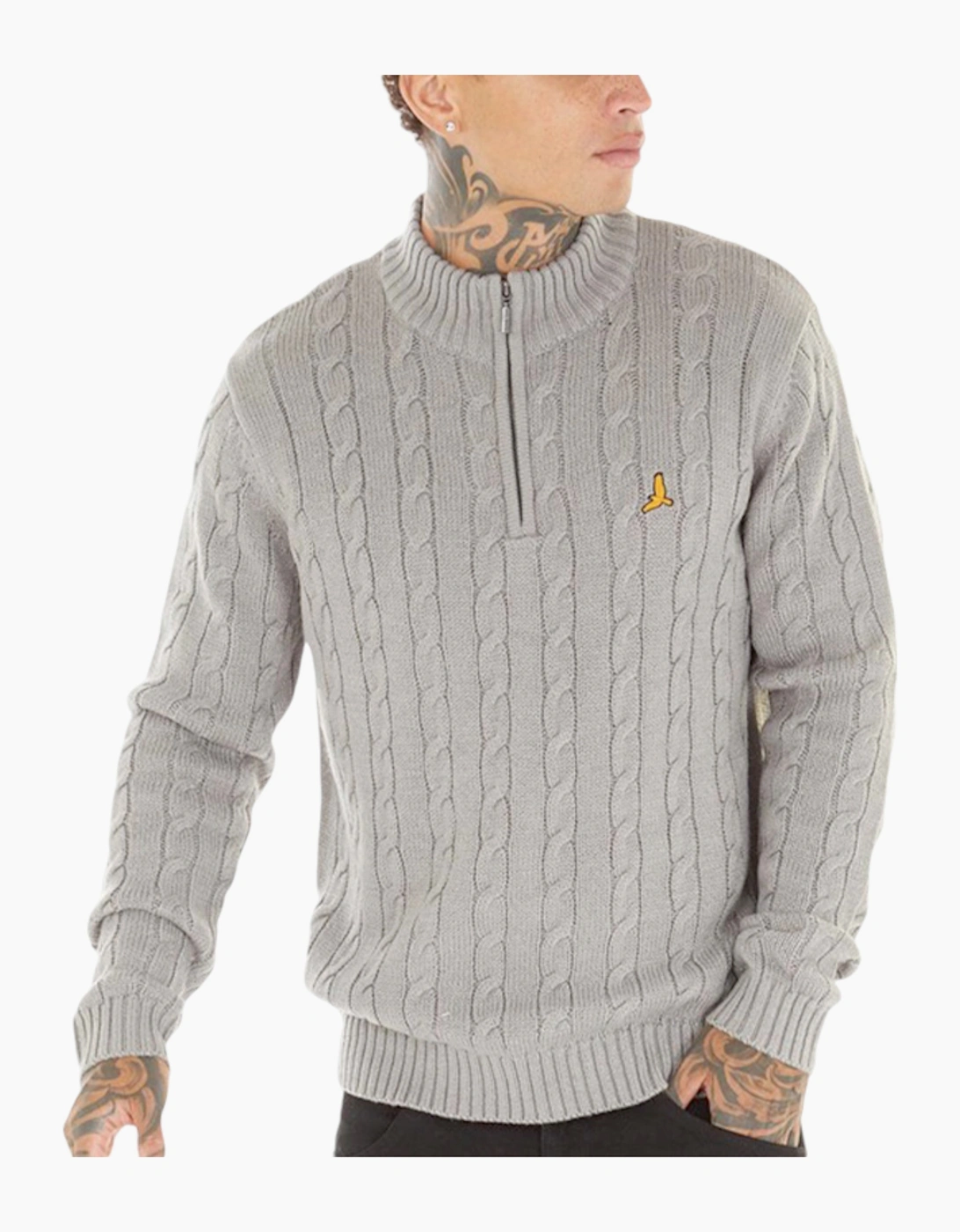 Men's BRAVE SOUL Mens Cable Knit Cardigan Crew Neck Regular Warm Heavy Pullover Jumper - Grey - Size: L