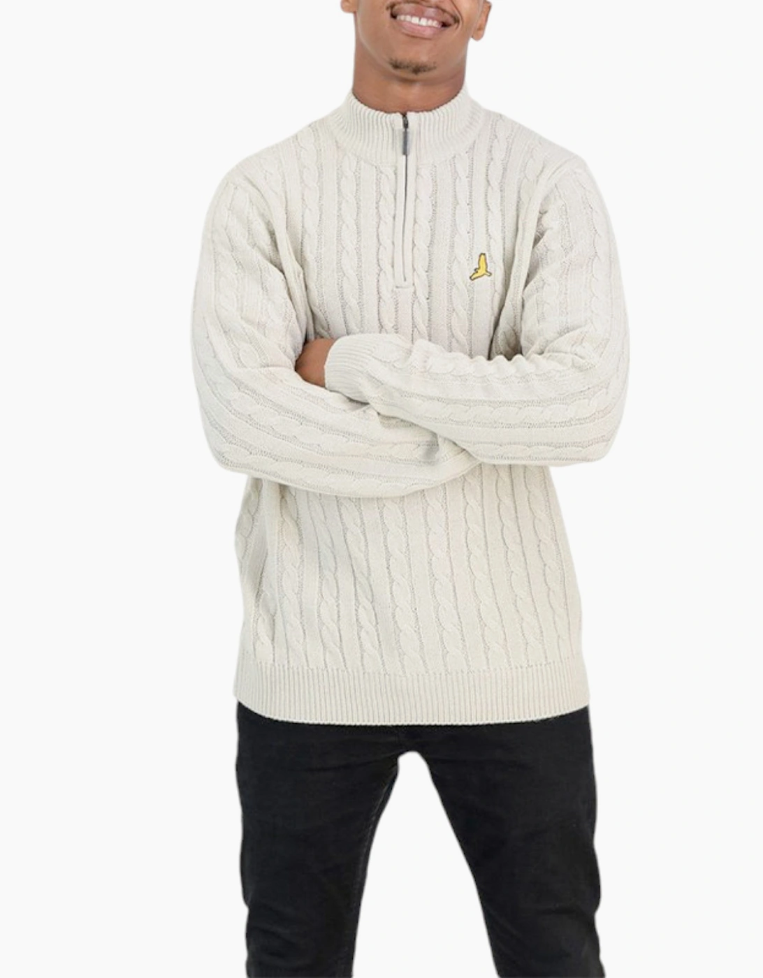 Men's BRAVE SOUL Mens Cable Knit Cardigan Crew Neck Regular Warm Heavy Pullover Jumper - Cream - Size: M