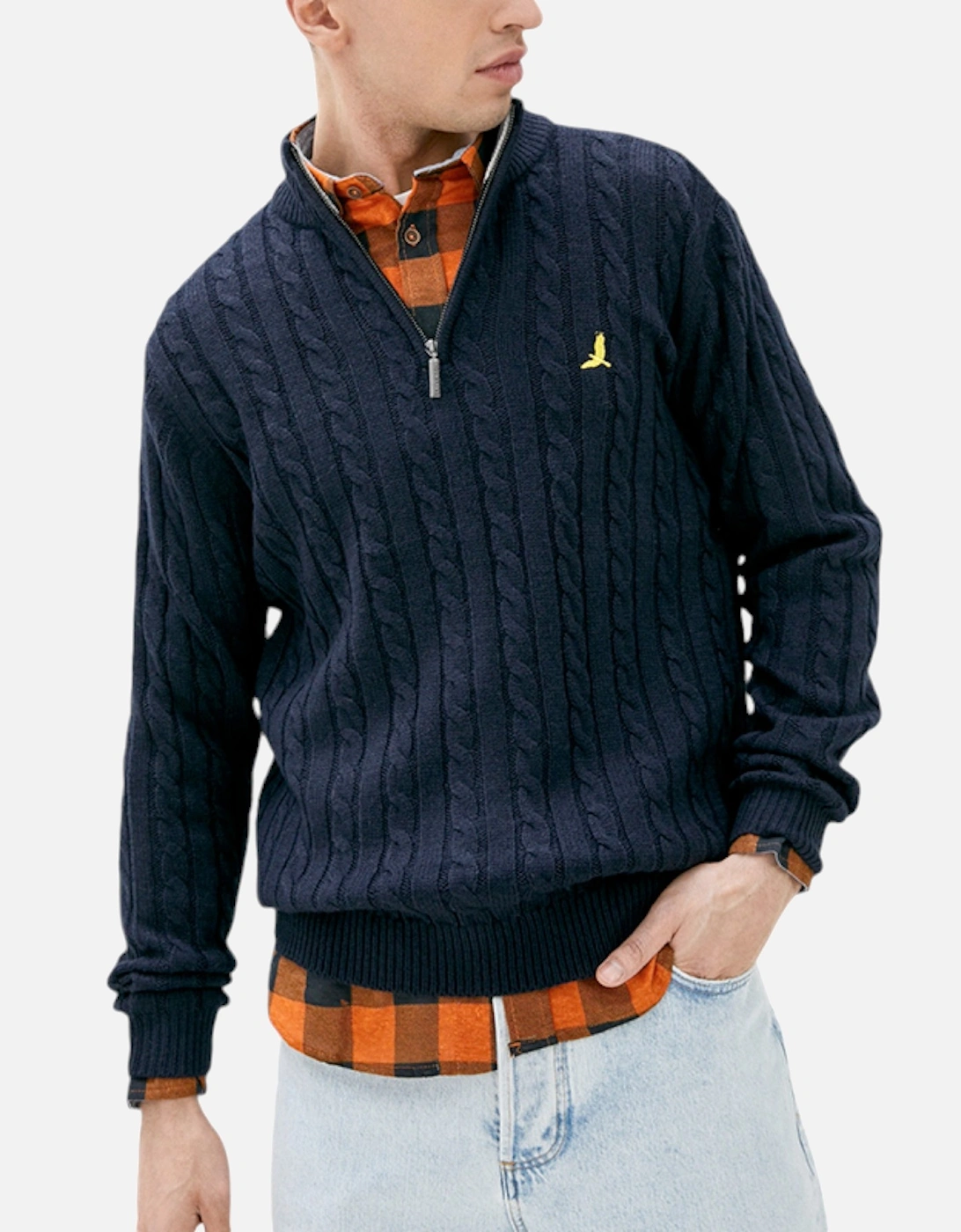 Men's BRAVE SOUL Mens Cable Knit Cardigan Crew Neck Regular Warm Heavy Pullover Jumper - Navy - Size: M