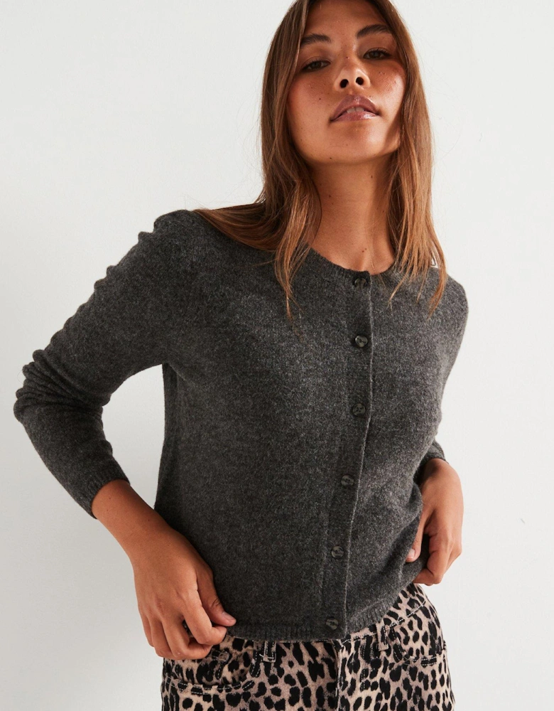 Round Neck Button Cardigan - Grey