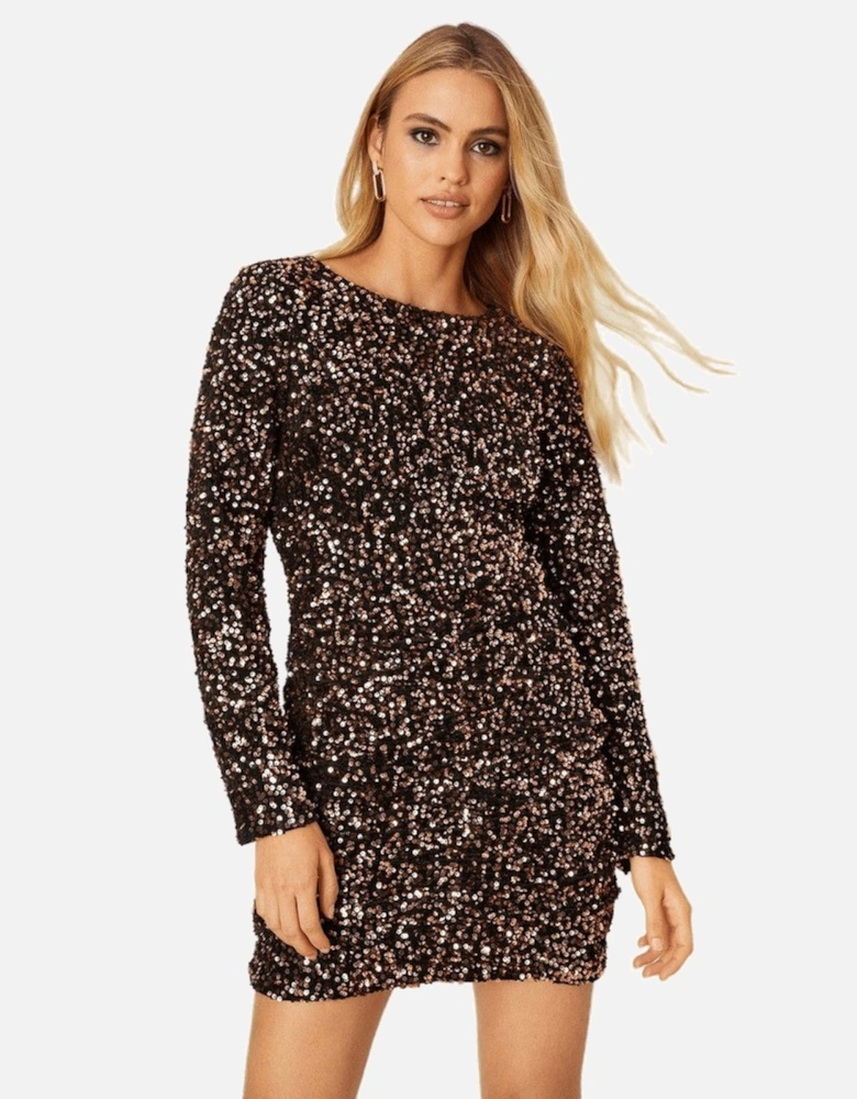 Womens/Ladies Sequin Velvet Ruched Mini Dress