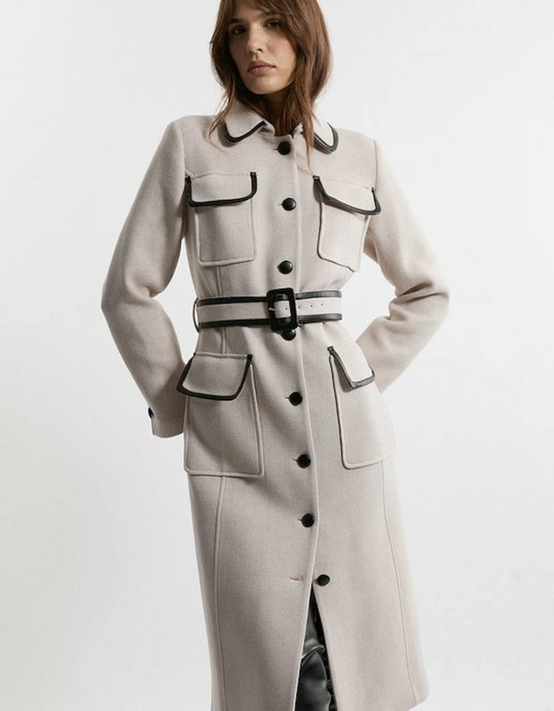 Premium Italian Manteco Wool Pocket Detail Belted Pu Tipped Tailored Midi Coat