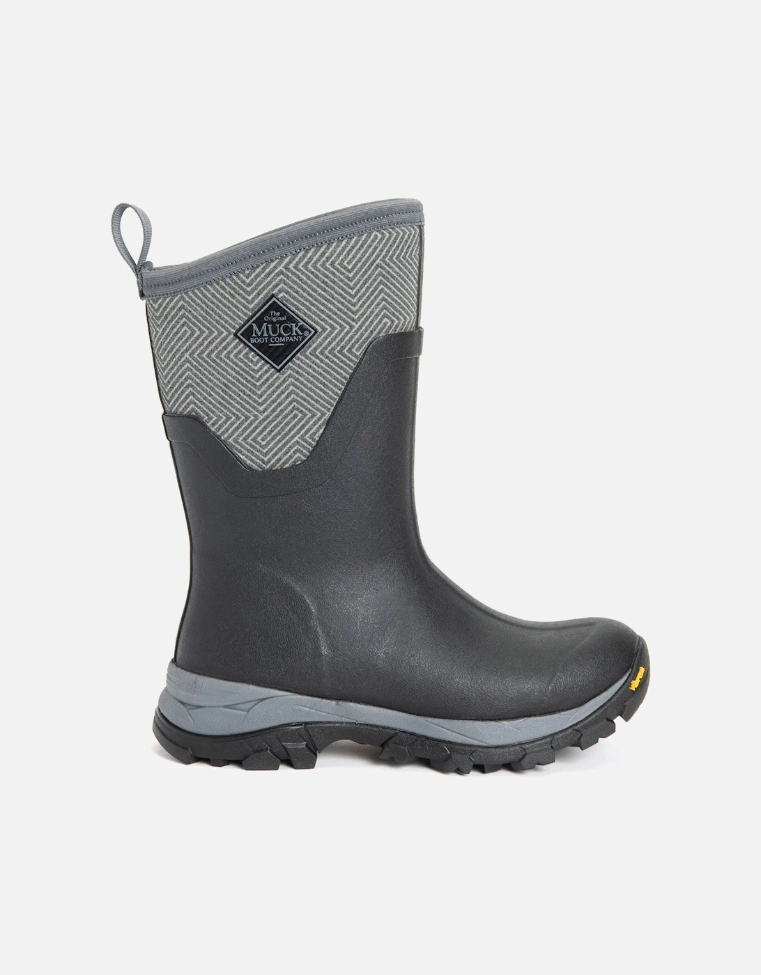 Muck Boots model Arctic Ice Mid Wellingtons Female in Black/Grey Geometric