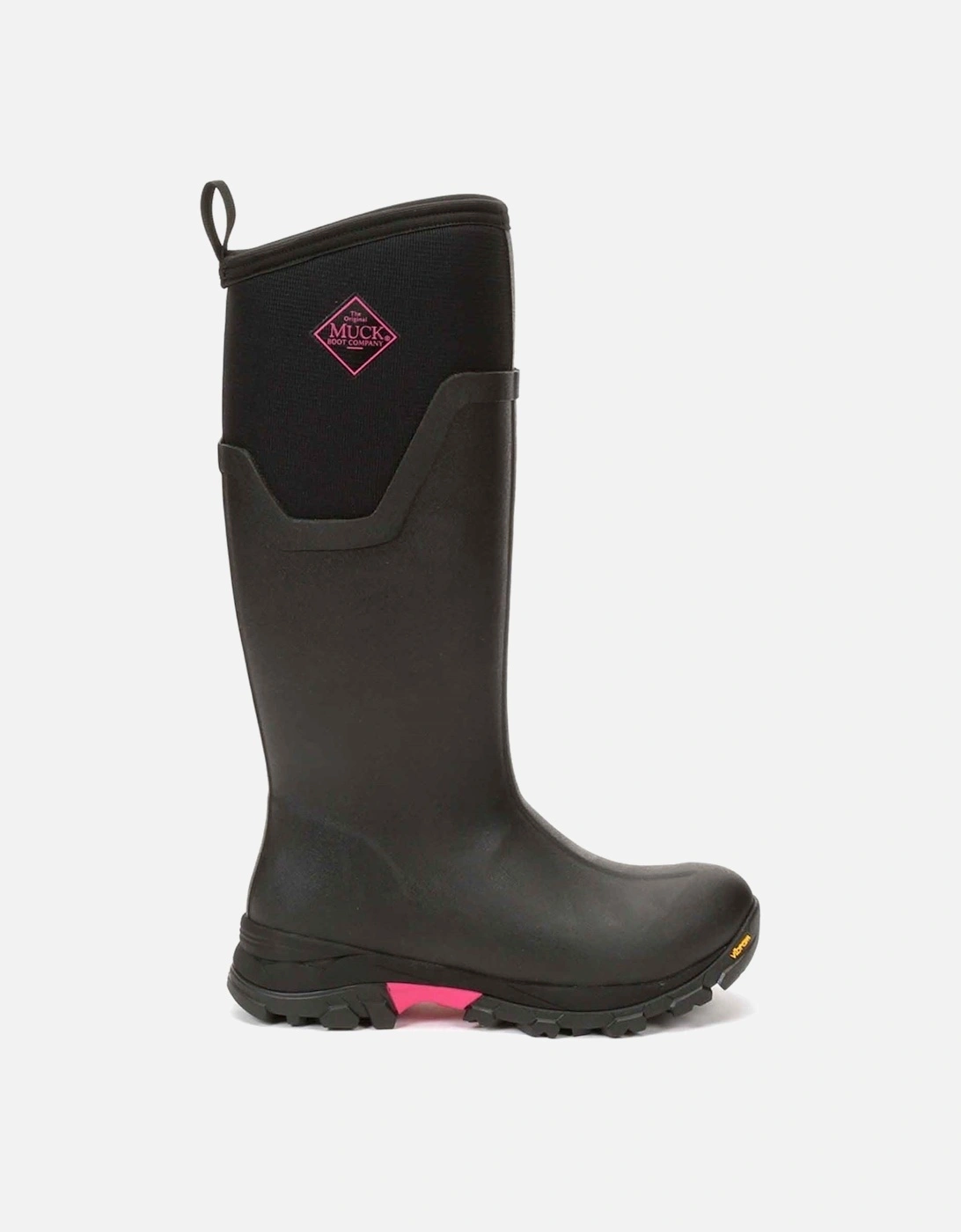 Muck Boots model Arctic Ice Tall Wellingtons Female in Black/Hot Pink