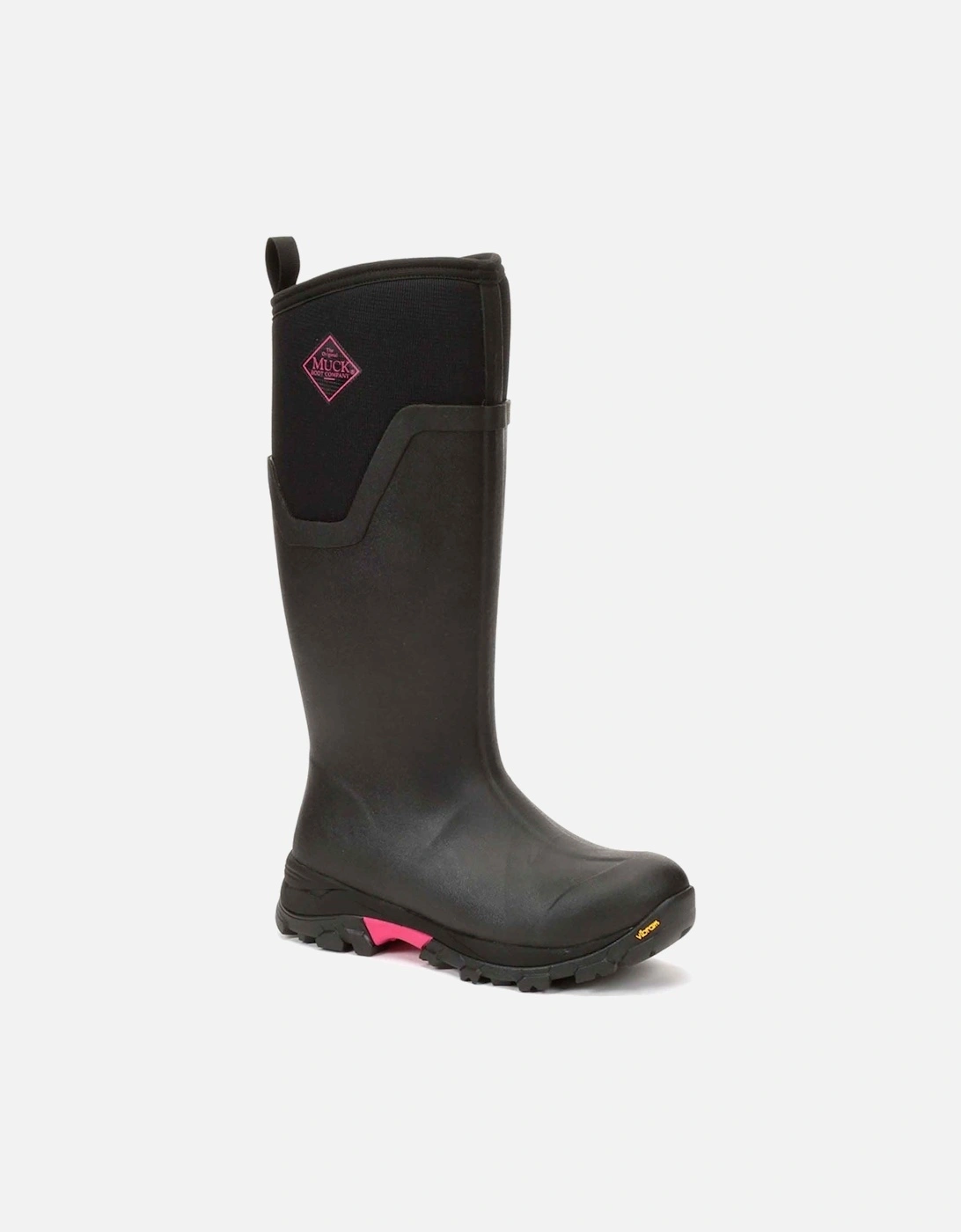 Muck Boots model Arctic Ice Tall Wellingtons Female in Black/Hot Pink