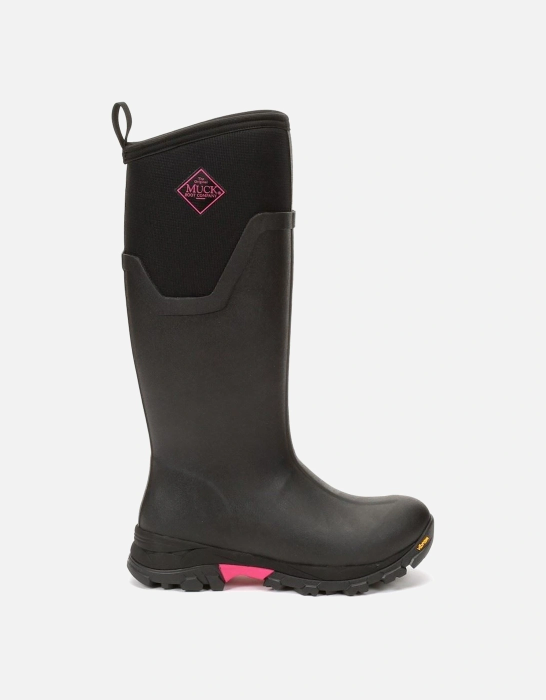 Muck Boots model Arctic Ice Tall Wellingtons Female in Black/Hot Pink