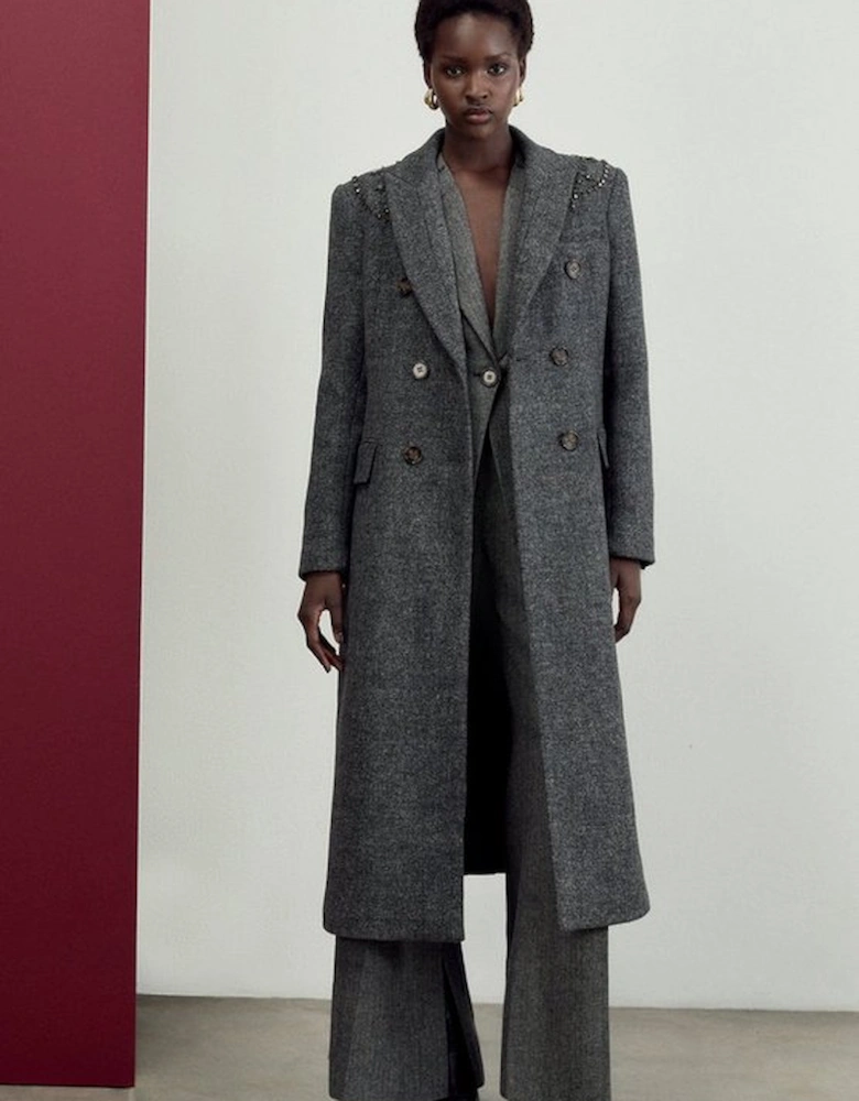 Embellished Herringbone Double Breasted Tailored Midi Coat