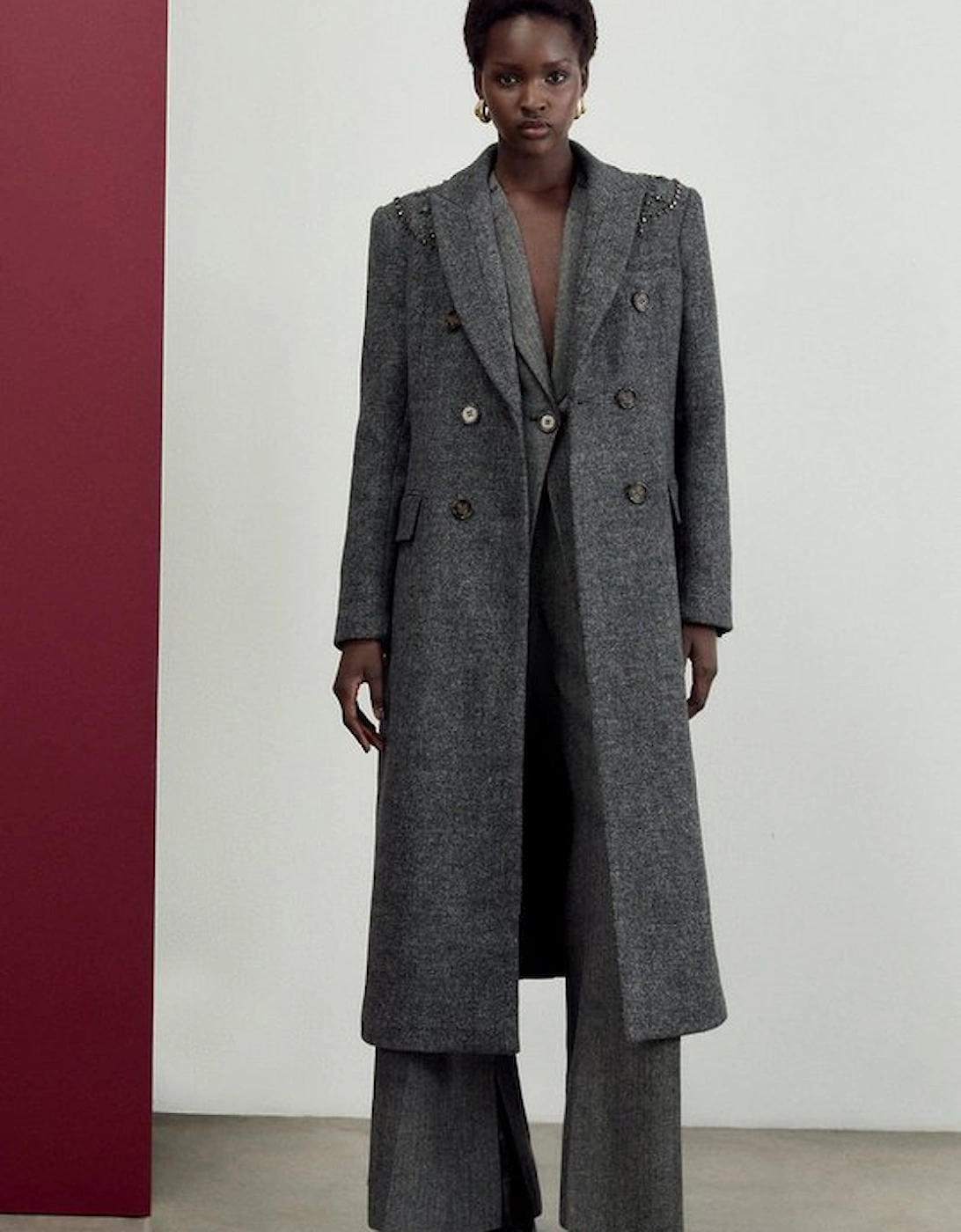 Embellished Herringbone Double Breasted Tailored Midi Coat, 5 of 4