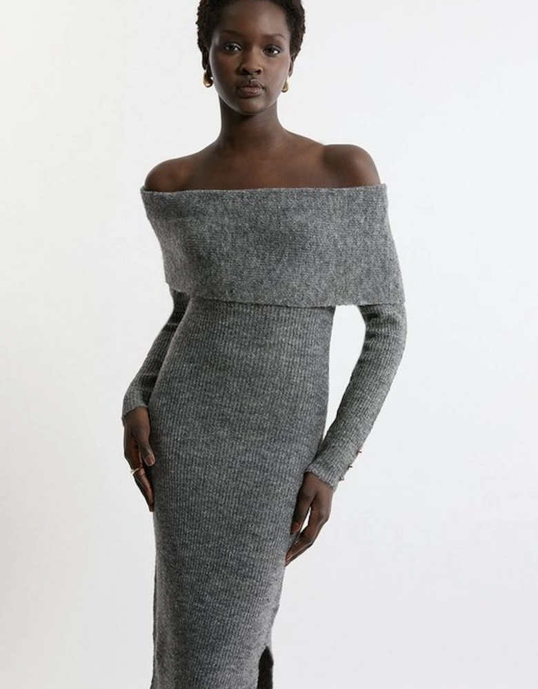 Wool Blend Cosy Bardot Knit Midi Dress