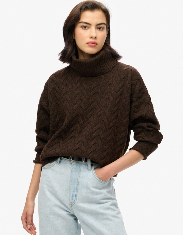 Cable Roll Neck Jumper - Brown