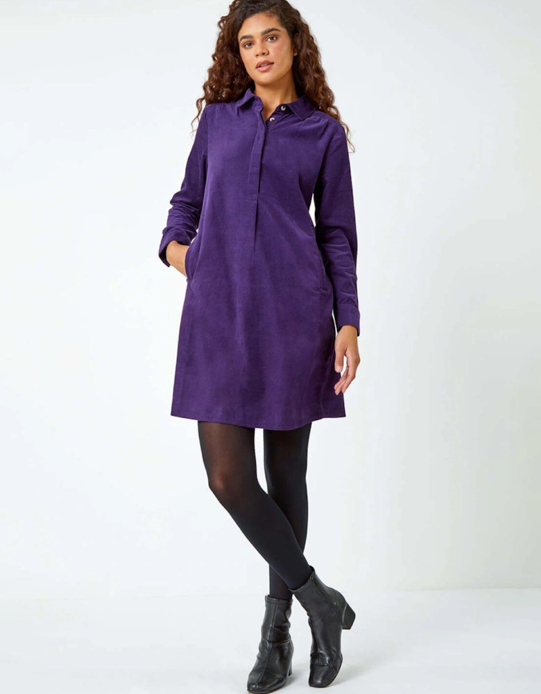 Corduroy Tunic Shirt Dress - Purple